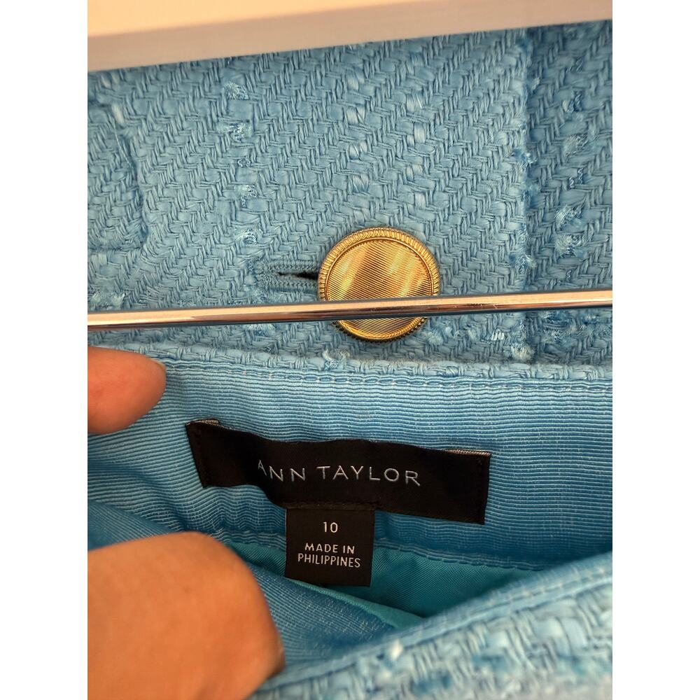 Ann Taylor Sky Blue Tweed Vest Skirt Set Gold Button Preppy Coastal 8 10 - Picture 9 of 12